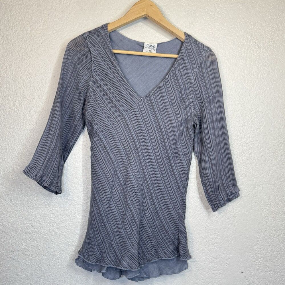 VTG Color Me Cotton Top Blue Striped Woven 3/4 Sleeve Layered USA Made Women XS